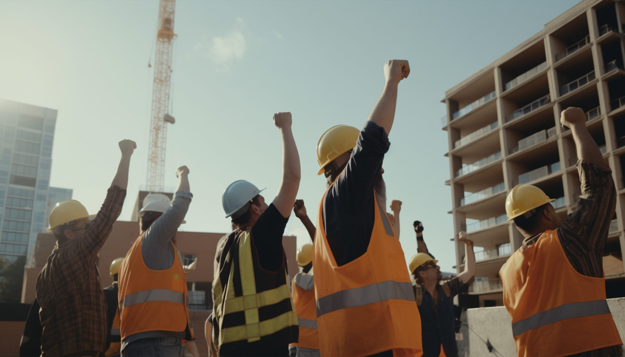 construction workers yellow vests vests raise their hands air
